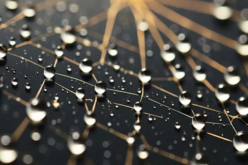 Fotobehang Close-up picture of water drops trapped in a spider's web. Generative AI © Nadia