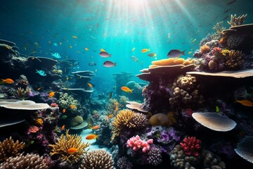 Naklejka na ściany i meble Fish swimming in a vibrant blue coral reef. Generative AI
