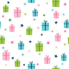 Seamless pattern with gift boxes. Christmas, birthday background with gifts and stars. Vector illustration. It can be used for wallpapers, wrapping, cards, patterns for clothes and other.