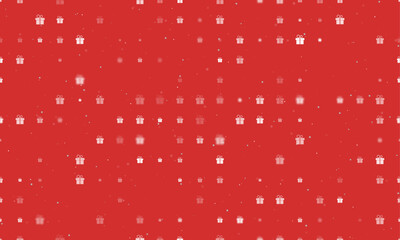 Seamless background pattern of evenly spaced white gift symbols of different sizes and opacity. Vector illustration on red background with stars