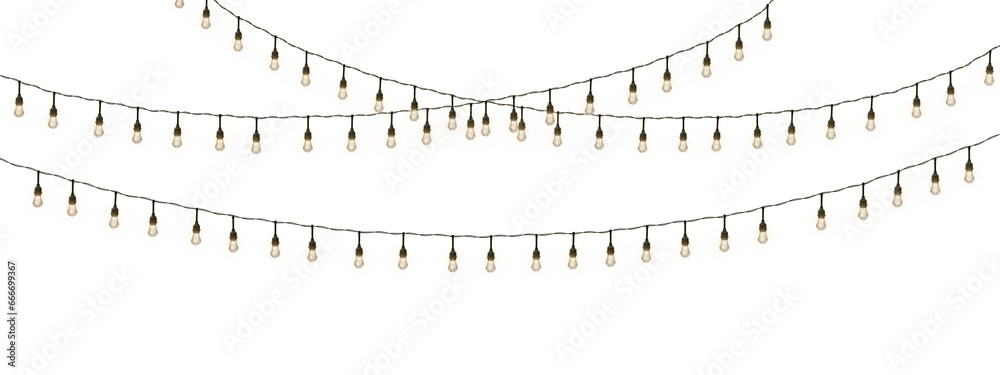 Wall mural isolated christmas garland on a transparent background. shining yellow light bulbs with sparkles. su