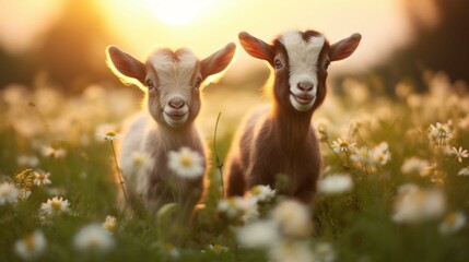 Two lambs grazing in a field in spring - obrazy, fototapety, plakaty
