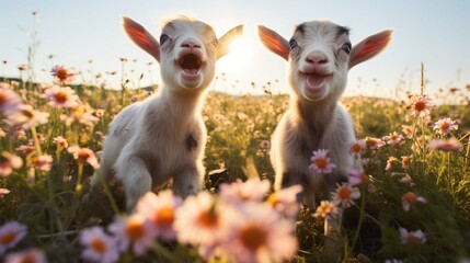 Two lambs grazing in a field in spring