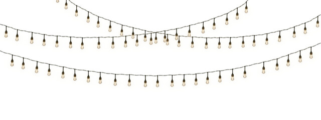  Isolated Christmas garland on a transparent background. Shining yellow light bulbs with sparkles. Suitable for Xmas, New Year, wedding, or birthday decorations. Perfect for party event decor. PNG - Powered by Adobe