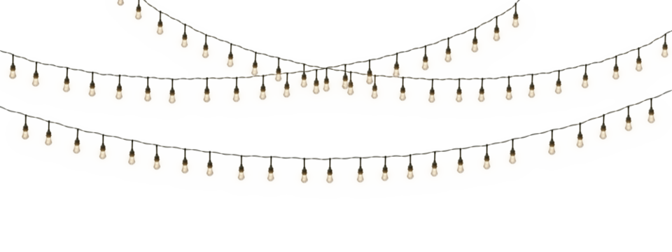  Isolated Christmas garland on a transparent background. Shining yellow light bulbs with sparkles. Suitable for Xmas, New Year, wedding, or birthday decorations. Perfect for party event decor. PNG