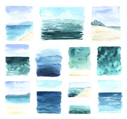 Watercolor hand painted blue sea texture - 666699581