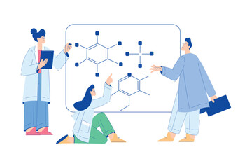 Obraz na płótnie Canvas Chemistry with Man and Woman Scientist Character Explore Molecule Vector Illustration