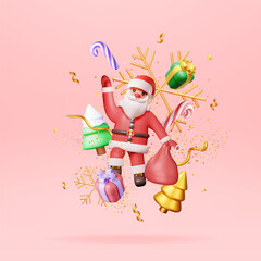 3D Santa Claus with Gift Bag and Christmas Tree. Render Happy New Year Decoration. Merry Christmas Holiday. New Year and Xmas Celebration. Realistic Vector Illustration