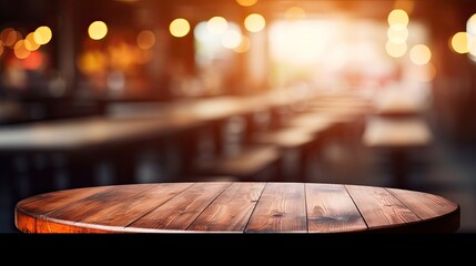 Empty round wooden table and Coffee restaurant  blur background with bokeh image. Ai generative - obrazy, fototapety, plakaty