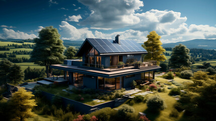 Fototapeta na wymiar Urbanization with a house with solar panels on the roof. renewable energy. made with ai