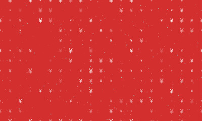 Seamless background pattern of evenly spaced white yuan symbols of different sizes and opacity. Vector illustration on red background with stars