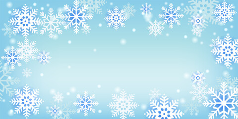 Beautiful white snowflakes with different ornaments on a light blue frosty background. Vector illustration for Christmas sale, banner, poster or New Year card.