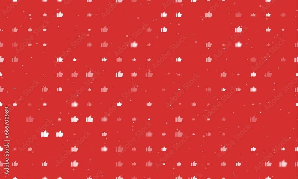 Poster seamless background pattern of evenly spaced white thumb up symbols of different sizes and opacity. 