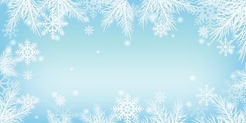 Fototapeta na wymiar Frosty background. Beautiful white snowflakes with different patterns on a light blue background. Vector illustration for Christmas sale, banner, poster or New Year card.