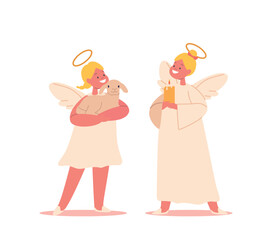 Sweet Cherubs Holding Candle And Lamb, Radiate Innocence And Peace. Adorable Angels Characters Symbol Of Serenity