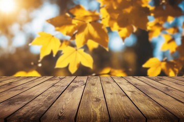 Colored fall leaves and wooden board, natural background, AI generated image