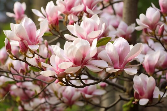 Close up of lovely magnolia blossoms. Generative AI