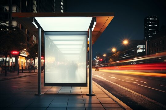 Urban bus station template with blank ad light box at night