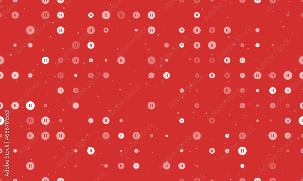 Poster seamless background pattern of evenly spaced white pause symbols of different sizes and opacity. vec