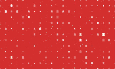 Seamless background pattern of evenly spaced white turtle symbols of different sizes and opacity. Vector illustration on red background with stars