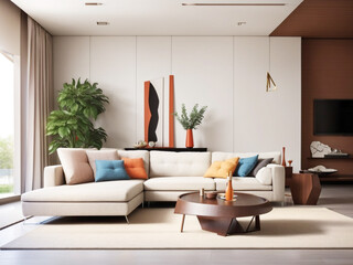 Fototapeta premium The sty interior design of living room with a modern mint sofa, wooden console, cube, coffee table, lamp, plant, mock-up poster frame, pillows, plaid, decoration, and elegant accessories in home decor