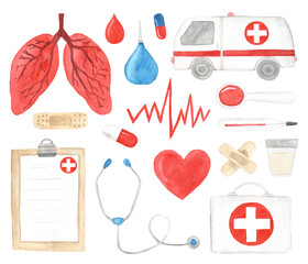 Watercolor medicine symbols and icons