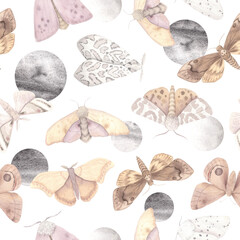 Seamless pattern with watercolor beige moth insect