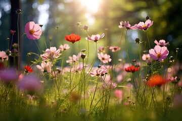 Fototapeta premium The landscape of colorful cosmos flowers in a forest with the focus on the setting sun. Soft focus