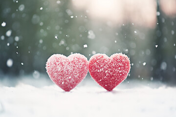 Fototapeta premium hearts on snow,valentines day concept.valentines day background with hearts with place for text