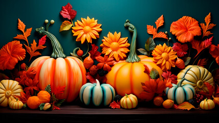 Naklejka na ściany i meble autumn background with pumpkins and berries