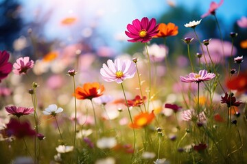 The landscape of colorful cosmos flowers in a forest with the focus on the setting sun. Soft focus

