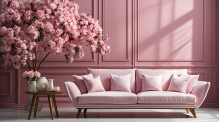 pink color living room with pink and white flowers