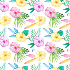 Seamless pattern with colorful watercolor vintage tropical flowers