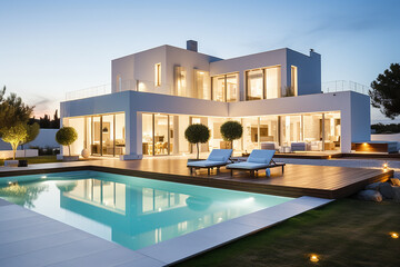 luxury house by the sea with a swimming pool and beautiful interior - obrazy, fototapety, plakaty