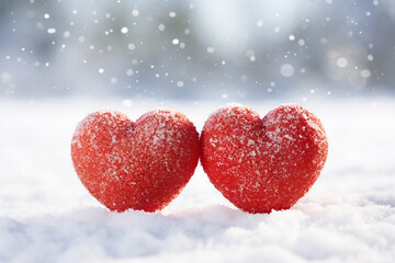 Fototapeta premium hearts on snow,valentines day concept.valentines day background with hearts with place for text