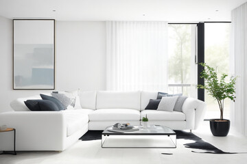 Fototapeta premium The sty interior design of living room with a modern mint sofa, wooden console, cube, coffee table, lamp, plant, mock-up poster frame, pillows, plaid, decoration, and elegant accessories in home decor