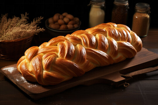 Sweet traditional braided bread on wooden rustic background. Homemade bakery concept