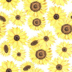 Seamless pattern with watercolor sunflowers