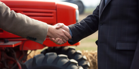 agribusiness handshake business trade agreement between businessman and farmer, harvest management deal, agronomy trade, purchase sell tractor farm machinery equipment