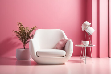 modern living room with white chair with pink background