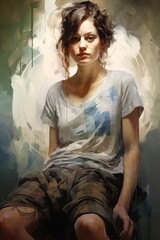 woman sitting chair white shirt circlet light wearing tee combats downward somber expression layered redheaded young tomboy - obrazy, fototapety, plakaty