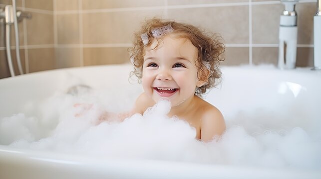 Child bathes in a bath with foam.