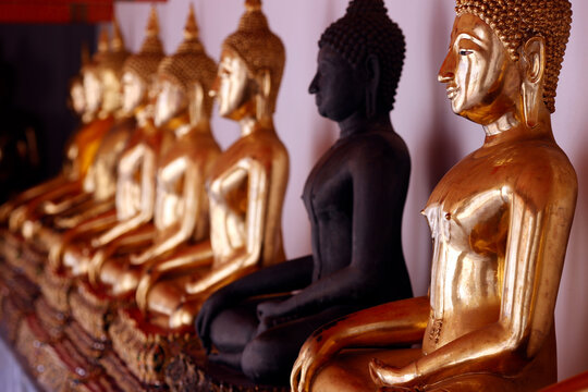 Row of golden Buddha statues, earth witness gesture, Wat Pho (Temple of the Reclining Buddha), Bangkok, Thailand