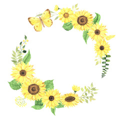 Watercolor hand painted sunflower wreath - 666703318