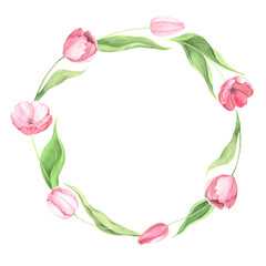 Watercolor hand painted pink tulip flowers frame - 666703738