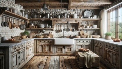 Rustic farmhouse kitchen showcasing weathered wooden cabinets, stone walls, hanging utensils, open shelving filled with ceramics, and a sunlit window overlooking nature.