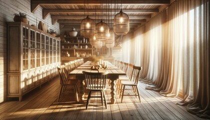 Sunny Rustic Dining Room with Wooden Accents, Elegant Cage Chandeliers, Long Drapes, and Cozy Ambiance