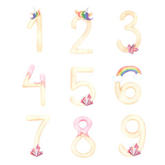 Watercolor magic unicorn numbers clipart
