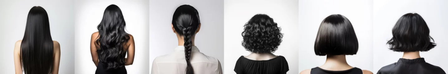  Various haircuts for woman with black hair - long straight, wavy, braided ponytail, small perm, bobcut and short hairs. View from behind on white background. Generative AI © Lubo Ivanko