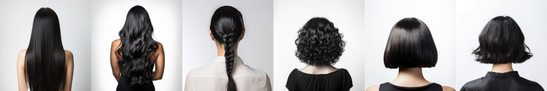 Various haircuts for woman with black hair - long straight, wavy, braided ponytail, small perm, bobcut and short hairs. View from behind on white background. Generative AI